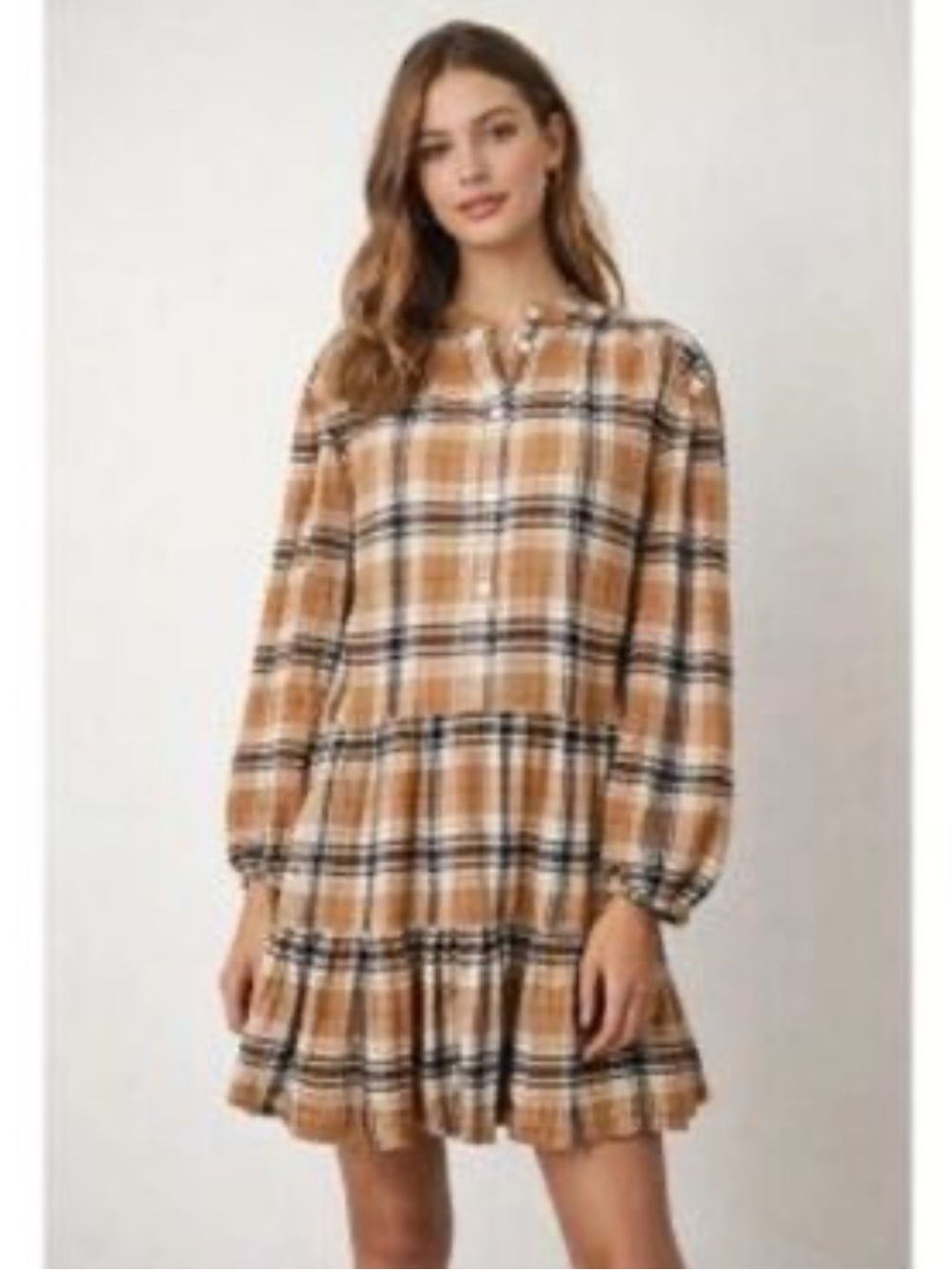 NWT Gap Plaid Long-Sleeve Ruffle Hem Dress - Tan Plaid in XSMALL